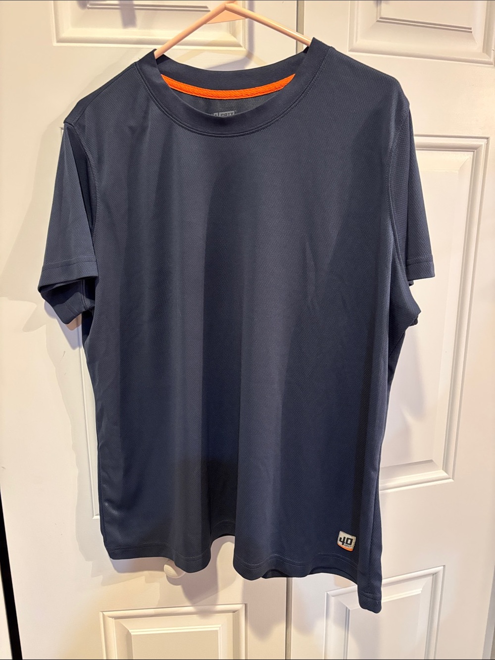 Duluth Trading Co Navy Blue Short Sleeve Performance Tee with Orange Trim